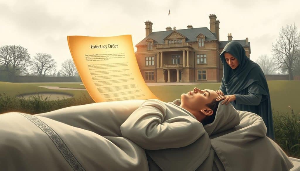 A beautifully detailed and realistic illustration of the concept of "intestate succession". In the foreground, a central figure representing the deceased, their eyes closed and face serene, lies on a simple bed or bier, surrounded by solemn family members mourning their passing. In the middle ground, a legal document - a will or intestacy order - is prominently displayed, casting a warm, golden light. In the background, a stately manor or courthouse looms, representing the legal framework governing the distribution of the deceased's estate. The scene is bathed in a soft, muted palette, conveying a sense of solemnity and reverence. The lighting is natural, with subtle shadows and highlights emphasizing the gravity of the moment. The overall composition is balanced and harmonious, drawing the viewer's eye to the core elements of the "intestate succession" concept.