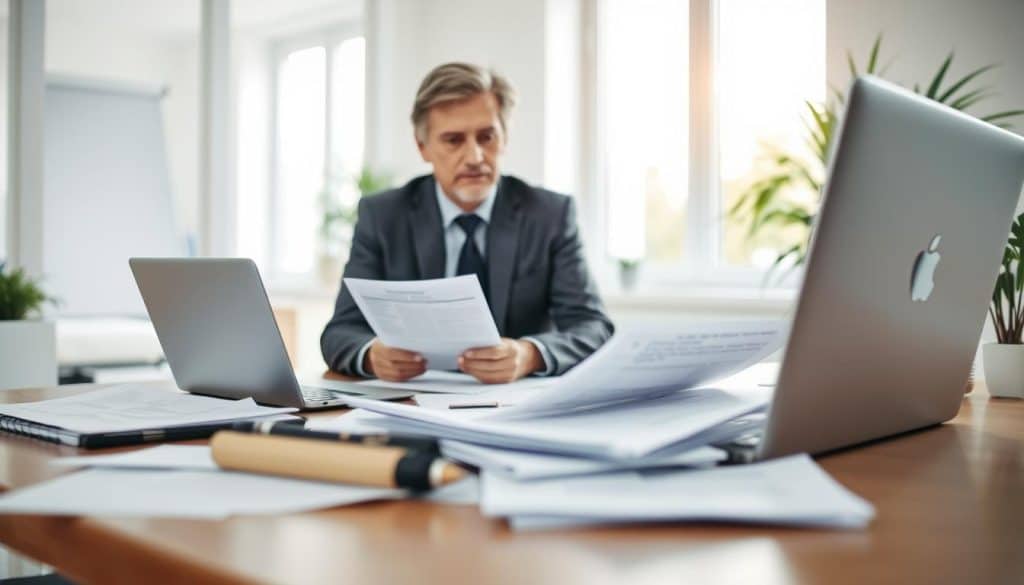 A bright, modern office setting with a middle-aged professional sitting at a desk, reviewing documents and retirement plans. The foreground features the desk, laptop, and scattered paperwork, conveying a sense of diligent preparation. The middle ground showcases the person, dressed smartly in a suit, with a pensive expression as they consider the retirement requirements. The background is softly blurred, with clean, minimalist decor and large windows letting in natural light, creating an atmosphere of clarity and focus. The overall scene evokes a sense of thoughtful planning and active engagement with the nuances of retirement eligibility.