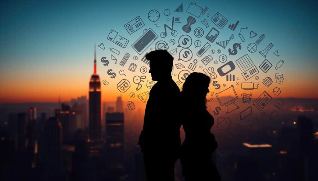 A bustling city skyline at dusk, illuminated by a warm golden glow. In the foreground, a couple stands back-to-back, their body language tense and distant, representing the obstacles in their financial communication. The middle ground features various financial symbols and icons - credit cards, dollar signs, graphs, and charts - all tangled and obscured, symbolizing the complexities and challenges of shared financial management. The background fades into a hazy, dreamlike quality, suggesting the need to step back and find clarity amidst the chaos. Soft, dramatic lighting casts dramatic shadows, heightening the sense of tension and unease. The scene conveys the theme of overcoming barriers to open and effective financial discussions within a relationship.