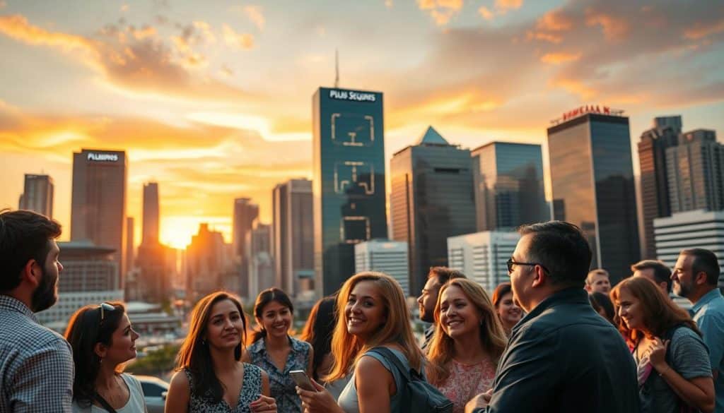 A bustling city skyline at dusk, the towering skyscrapers of "Plus Ultra Seguros" looming in the background, their glass facades reflecting the vibrant hues of the setting sun. In the foreground, a group of people engaged in animated discussions, their expressions ranging from contemplative to enthusiastic, as they ponder the pros and cons of the insurance company's offerings. The scene is bathed in a warm, golden light, creating a sense of optimism and possibility. The camera angle is slightly elevated, providing a panoramic view that captures the dynamic energy of the "Análisis de Opiniones" moment.