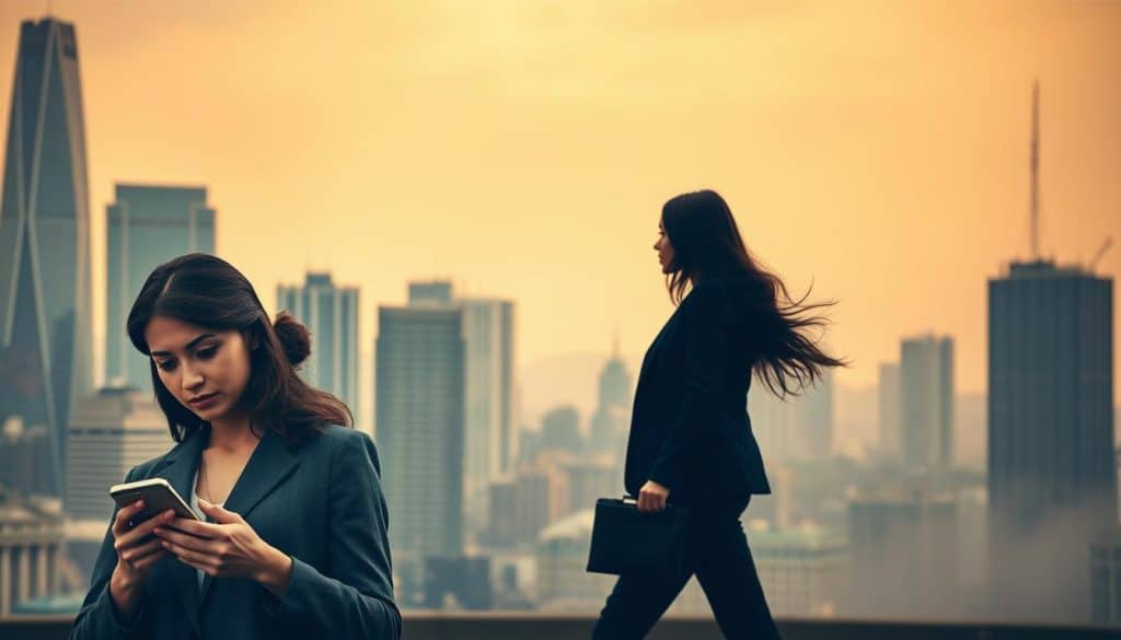 A bustling city skyline with modern skyscrapers, conveying a sense of economic progress. In the foreground, a female professional stares contemplatively at her smartphone, her facial expression reflecting concern. Beside her, a woman in a business suit walks purposefully, suggesting the demands of a career. The middle ground features a visual representation of wage disparity, with a male and female figure standing side-by-side, the male's silhouette noticeably taller. In the background, a hazy, dimly lit environment evokes the challenges and obstacles women face in achieving financial parity. Warm lighting casts a subtle glow, creating an introspective mood. The scene captures the multifaceted nature of the gender pay gap and its impact on women's personal finances.