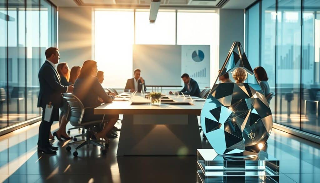 A bustling office scene, sunlight streaming through large windows, illuminating a sleek, modern conference table. Around it, executives in tailored suits engage in animated discussion, charts and graphs projected on the wall behind them. In the foreground, a transparent glass sculpture subtly symbolizes the importance of corporate governance and transparency. The atmosphere conveys a sense of professionalism, accountability, and a commitment to ethical decision-making.