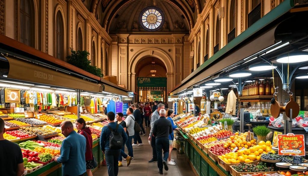 A bustling, well-lit mercado (market) scene in the heart of España, with vibrant stalls and vendors selling a variety of goods. The foreground features an array of fresh produce, artisanal wares, and traditional Spanish tapas, all displayed under the warm glow of natural lighting. In the middle ground, customers browse the stalls, immersed in the lively atmosphere and vibrant colors. The background showcases the historic architecture of the mercado, with ornate facades and arched entryways, creating a sense of timeless Spanish charm. The overall scene exudes a feeling of authentic Spanish culture, bustling with activity and a sense of community.