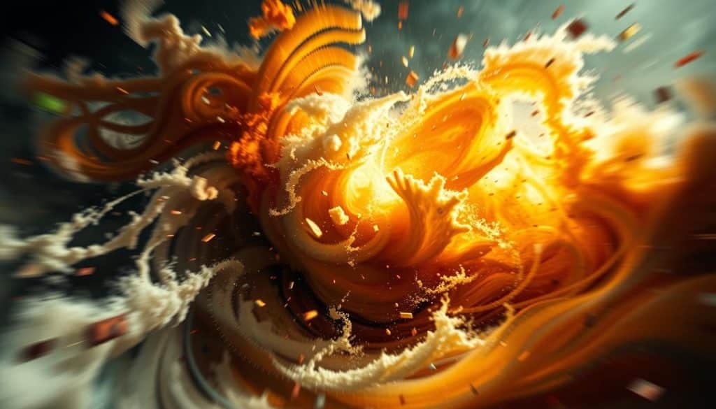 A chaotic, abstract scene of emotional turbulence in the Spanish financial markets. Swirling shapes and colors represent the erratic fluctuations of stocks, bonds, and currency exchange rates. A central vortex of intense emotion, surrounded by waves of fear, greed, and uncertainty. Dramatic lighting casts dramatic shadows, heightening the sense of volatility and instability. The composition is off-center, creating an unsettling, disorienting effect. Blurred edges and a hazy, dreamlike quality suggest the powerful, subconscious forces at play in the world of behavioral finance.