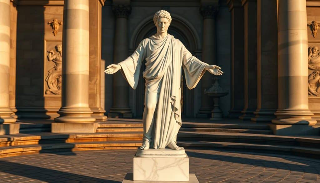 A classic marble statue depicting the "Impuesto de Sucesiones y Donaciones" stands tall, its intricate details illuminated by warm, golden lighting. The figure's outstretched arms symbolize the weight and significance of this tax, casting a profound shadow across a detailed, stone-paved landscape. In the background, ornate columns and archways suggest a sense of legacy and inheritance, complementing the solemn yet stately atmosphere. The composition is balanced and symmetrical, conveying a sense of timelessness and the enduring nature of this important fiscal policy.