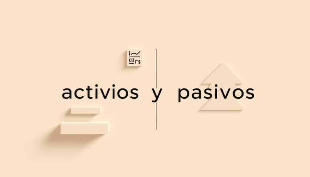 A clean, minimalist illustration depicting the core financial concepts of "activos y pasivos" (assets and liabilities). Set against a soft, neutral background, the composition should feature simple geometric shapes and icons to represent the key elements - assets as balanced, symmetrical forms, and liabilities as angular, asymmetrical shapes. Use a muted, earthy color palette to convey a sense of stability and maturity. Employ a high-contrast lighting setup with directional shadows to give the design a sense of depth and emphasis. The overall aesthetic should be modern, elegant, and highly informative, reflecting the subject's significance within the context of personal finance education.
