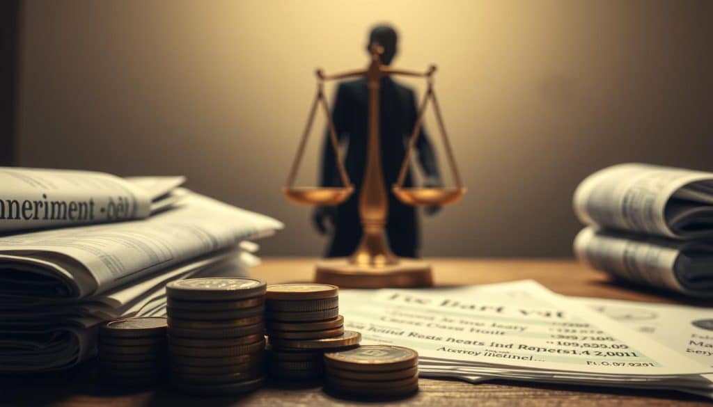 A conceptual illustration of the interplay between inheritance and debt. In the foreground, a stack of coins and financial documents, representing the inheritance. In the middle ground, a scale, symbolizing the balance between assets and liabilities. In the background, a shadowy figure, personifying the looming presence of debt. The overall scene is bathed in a warm, muted palette, evoking a sense of contemplation and unease. The lighting is soft and directional, casting subtle shadows that add depth and dimension to the composition. The camera angle is slightly elevated, giving the viewer a sense of perspective and oversight, as if surveying the complexities of this financial landscape.