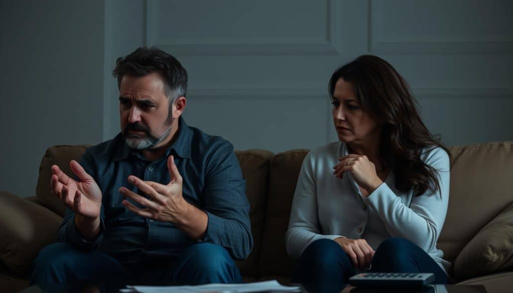 A couple sitting on a sofa, their faces etched with concern, as they discuss their financial issues. The living room is dimly lit, creating a somber atmosphere. Soft shadows accentuate the tension in their expressions. The man gesticulates with his hands, while the woman listens intently, her brow furrowed. Subtle details, such as crumpled documents or a calculator on the coffee table, suggest the source of their conflict. The scene conveys the weight of financial challenges and the importance of open communication in resolving them.