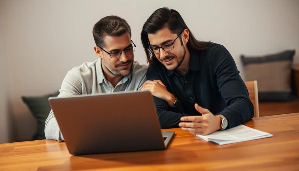 A couple sitting together at a wooden table, discussing their personal finances. The man is explaining something on a laptop while the woman listens intently, her hand on his arm. Soft, warm lighting illuminates their faces, conveying a sense of intimacy and collaboration. The background is blurred, focusing the viewer's attention on the pair's interaction. The scene exudes a mood of open communication, understanding, and shared financial responsibility between the partners.