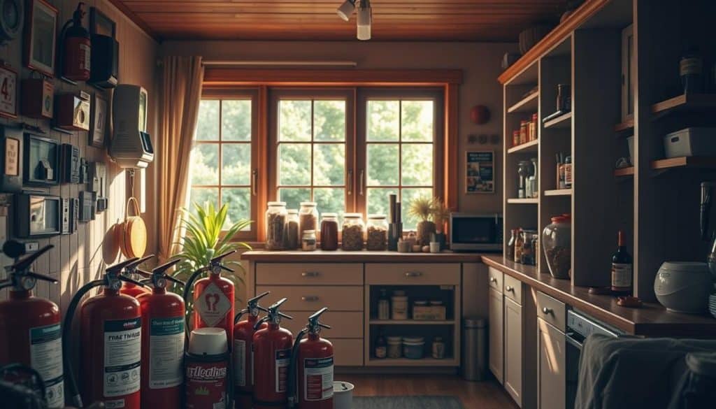 A cozy and inviting home interior, filled with a variety of household products that evoke a sense of safety and security. In the foreground, a neatly arranged display of fire extinguishers, first-aid kits, and home security devices, all in muted, earthy tones that blend seamlessly with the space. The middle ground features a well-stocked pantry, with jars of non-perishable goods and clean, organized shelving, conveying a feeling of preparedness. In the background, a large window overlooking a lush, verdant garden, bathed in warm, natural lighting that casts a calming glow throughout the room. The overall atmosphere is one of tranquility, comfort, and the assurance of a secure and well-protected home environment.