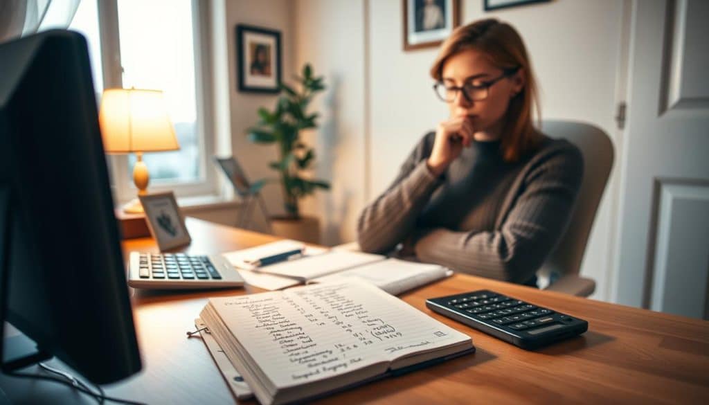 A cozy home interior with a desk and chair, showcasing a person meticulously budgeting their limited income. Soft, warm lighting illuminates the scene, creating an atmosphere of thoughtful concentration. In the foreground, a calculator, receipts, and a notebook filled with handwritten notes demonstrate the individual's diligent financial planning. The middle ground features a plant and a framed photograph, adding personal touches to the workspace. The background depicts a window with a scenic view, hinting at the broader context of the person's life. The overall mood is one of determination and a sense of control amid financial constraints. A cozy home interior with a desk and chair, showcasing a person meticulously budgeting their limited income. Soft, warm lighting illuminates the scene, creating an atmosphere of thoughtful concentration. In the foreground, a calculator, receipts, and a notebook filled with handwritten notes demonstrate the individual's diligent financial planning. The middle ground features a plant and a framed photograph, adding personal touches to the workspace. The background depicts a window with a scenic view, hinting at the broader context of the person's life. The overall mood is one of determination and a sense of control amid financial constraints.