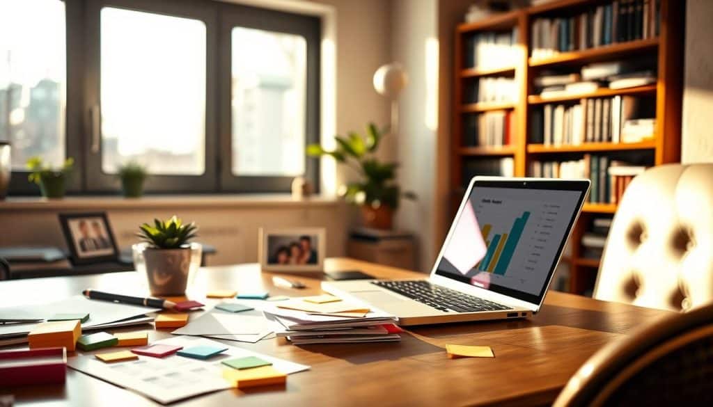 A cozy home office with a neatly organized desk, showcasing a family budget spreadsheet on a laptop screen. Warm natural lighting streams in through a large window, casting a soft glow on the scene. In the foreground, colorful sticky notes and financial documents are carefully arranged, hinting at the meticulous planning involved. The middle ground features a potted plant and a family photo, symbolizing the personal and familial aspects of household budgeting. The background reveals a bookshelf filled with financial management guides, creating an atmosphere of financial responsibility and education. The overall mood is one of calm, focus, and a sense of control over personal finances.