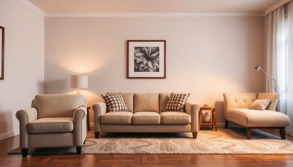 A cozy living room showcasing three distinct home insurance coverage options. In the foreground, a simple basic policy represented by a modest armchair. In the middle ground, an intermediate policy signified by a plush sofa. And in the background, a comprehensive policy embodied by a luxurious chaise lounge. The room is bathed in warm, diffused lighting, creating a sense of comfort and security. The scene conveys the gradual progression of home insurance coverage, from essential to premium, allowing the viewer to visualize the different tiers of protection for their home.