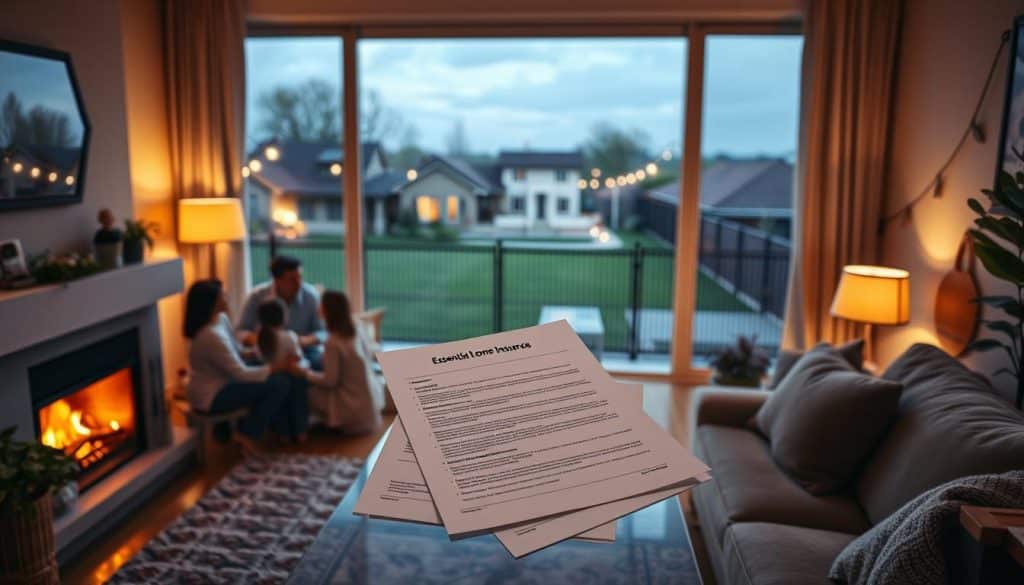 A cozy living room with warm lighting, showcasing the importance of comprehensive home protection. In the foreground, a family gathers around a fireplace, exuding a sense of security and comfort. The middle ground features essential home insurance documents, symbolizing the financial safeguards that protect the home. In the background, a panoramic view of the property, meticulously guarded by a sturdy perimeter fence and surveillance cameras, ensuring the overall well-being of the household. The scene conveys a harmonious balance between the personal and the practical aspects of comprehensive home protection.