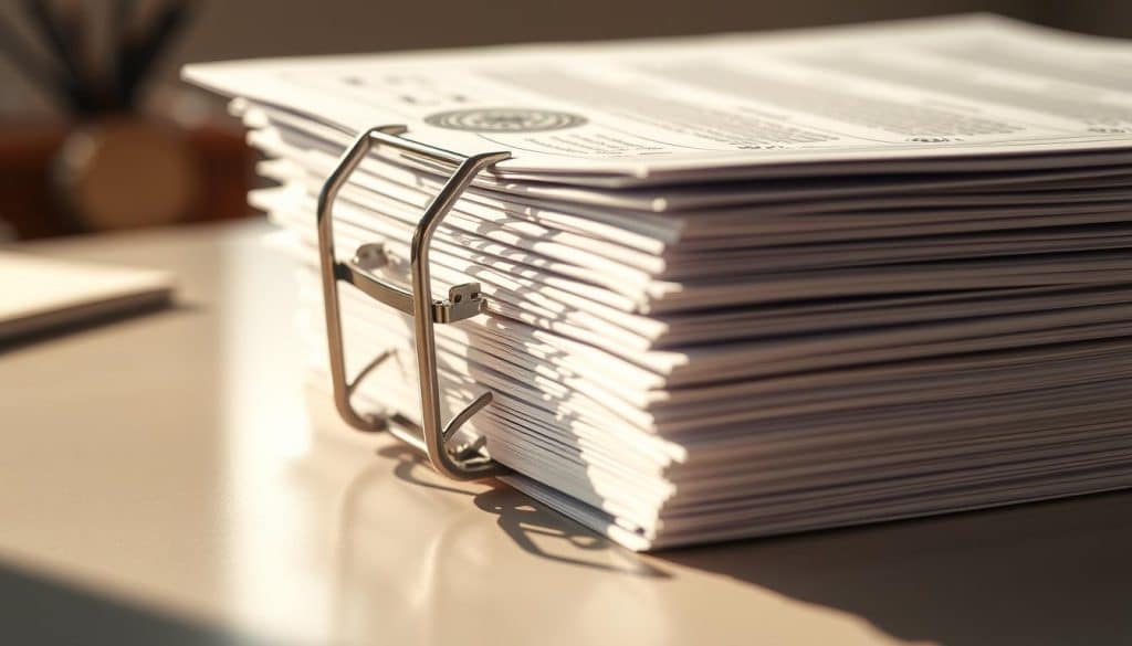 A crisp, close-up view of a stacked pile of insurance policy documents, their pages adorned with intricate patterns and official seals. The papers are held together by a sleek metal binder clip, casting a soft shadow on the surface beneath. The lighting is warm and natural, accentuating the textured quality of the documents. In the background, a blurred, out-of-focus scene suggests an office environment, with muted colors and subtle details that do not distract from the central focus. The overall composition conveys a sense of professionalism, attention to detail, and the importance of understanding the legal aspects of an insurance contract. A crisp, close-up view of a stacked pile of insurance policy documents, their pages adorned with intricate patterns and official seals. The papers are held together by a sleek metal binder clip, casting a soft shadow on the surface beneath. The lighting is warm and natural, accentuating the textured quality of the documents. In the background, a blurred, out-of-focus scene suggests an office environment, with muted colors and subtle details that do not distract from the central focus. The overall composition conveys a sense of professionalism, attention to detail, and the importance of understanding the legal aspects of an insurance contract.