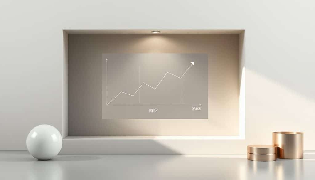A crisp, elegant illustration of the risk-return relationship, captured in a high-resolution, realistic style. A central graph or chart showcases the tradeoff between risk and potential returns, surrounded by a minimal, sophisticated backdrop. The composition features muted, neutral tones accented by subtle metallic or glass-like elements, conveying a sense of financial authority and stability. Soft, directional lighting creates depth and highlights the key data visualizations. The overall aesthetic is clean, modern, and inviting, suitable for an informative article on safe investment strategies.
