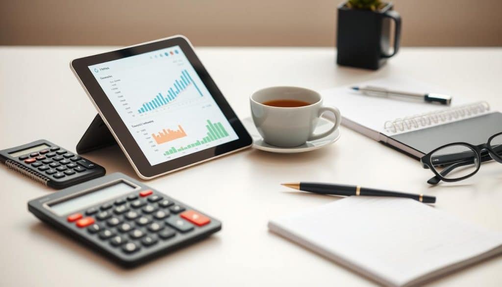 A crisp, modern still life composition of various financial management tools and accessories. In the foreground, a sleek tablet or smartphone displaying financial data and graphs. Surrounding it, an array of neatly arranged items such as a calculator, a pen, a notebook, and a pair of eyeglasses. The middle ground features a clean, minimalist desk or workspace, with a cup of coffee or tea adding a touch of warmth. The background is softly blurred, perhaps suggesting an office or study environment. The lighting is natural and diffused, creating a sense of clarity and focus on the financial management tools. The overall mood is professional, organized, and conveys a sense of productivity and control over personal finances.
