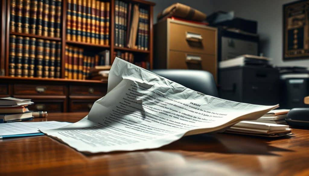 A crumpled, worn document lies on a cluttered office desk, casting a deep shadow under harsh overhead lighting. The text on the document is illegible, representing the rejection or denial of a claim. In the background, a bookshelf filled with dusty legal tomes and a half-open filing cabinet suggest a bureaucratic, impersonal setting. The mood is one of frustration and dejection, as the viewer contemplates the common challenges and mistakes that lead to insurance claim denials.