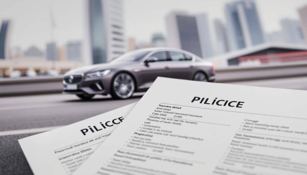 A detailed and modern car insurance policy document with a sleek, minimalist design. The foreground features the policy details prominently, showcasing key information such as coverage levels, premium costs, and deductibles. The middle ground depicts a luxurious sedan in a muted, sophisticated color palette, reflecting the premium nature of the insurance plan. The background is a softly blurred cityscape, suggesting the reliable protection the policy provides for urban drivers. The overall composition conveys a sense of security, reliability, and high-end professionalism befitting the "Prima" insurance brand. A detailed and modern car insurance policy document with a sleek, minimalist design. The foreground features the policy details prominently, showcasing key information such as coverage levels, premium costs, and deductibles. The middle ground depicts a luxurious sedan in a muted, sophisticated color palette, reflecting the premium nature of the insurance plan. The background is a softly blurred cityscape, suggesting the reliable protection the policy provides for urban drivers. The overall composition conveys a sense of security, reliability, and high-end professionalism befitting the "Prima" insurance brand.