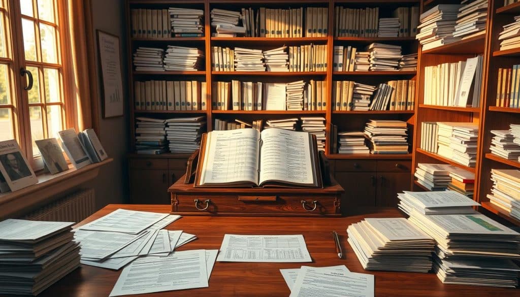 A detailed and organized financial inventory, meticulously rendered in a realistic style. A central wooden desk holds an open ledger, highlighting the careful documentation of assets, liabilities, and outstanding debts. Surrounding the desk, shelves of organized documents and files provide a sense of comprehensive record-keeping. Warm, natural lighting from a window illuminates the scene, casting soft shadows and emphasizing the tangible nature of the financial documents. The overall atmosphere conveys a sense of diligence, responsibility, and the weight of managing a complex estate. The composition balances the formality of the subject matter with a sense of thoughtful, deliberate organization.