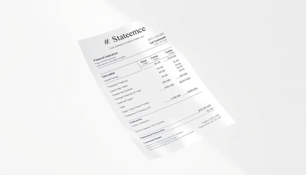 A detailed bank statement floating against a clean, white background, illuminated by soft, natural lighting. The statement displays an organized layout with distinct sections for transaction details, account balances, and financial institution information. The design features a minimalist, elegant aesthetic, emphasizing clarity and readability. The overall composition conveys a sense of financial transparency and ease of understanding, reflecting the section's focus on comprehending bank statements.