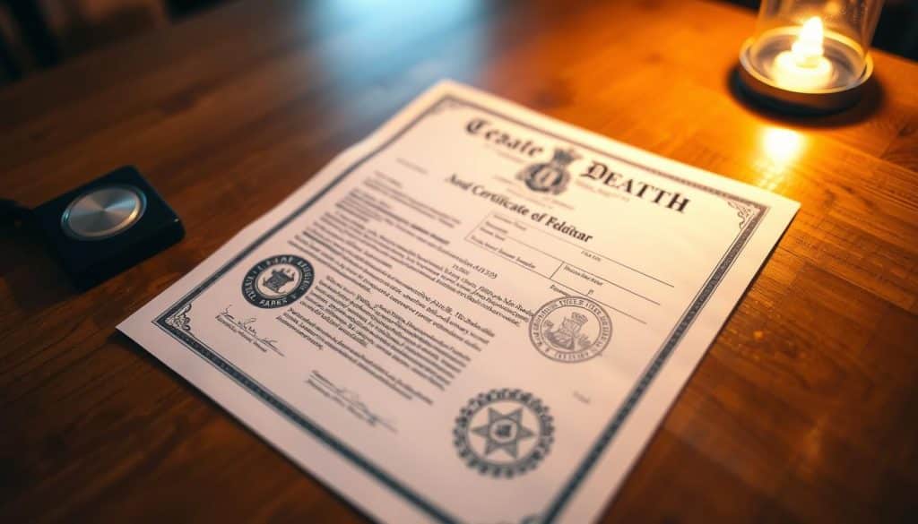 A detailed certificate of death document, neatly arranged on a wooden table, illuminated by soft, warm lighting. The certificate's text is clear and legible, with official government seals and signatures prominently displayed. The background is slightly blurred, creating a sense of focus on the important paperwork. The overall scene conveys a somber, yet organized and professional atmosphere, reflecting the gravity of the subject matter.