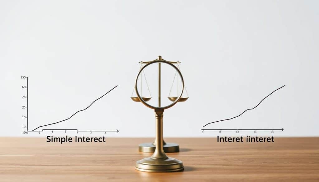 A detailed comparison between simple interest and compound interest calculations, presented in a clear and visually engaging manner. The foreground depicts two distinct financial graphs, one for simple interest and one for compound interest, showcasing their divergent growth patterns over time. The middle ground features a central focal point, such as a set of balanced scales or a magnifying glass, symbolizing the careful analysis required to understand the nuances between the two interest types. The background provides a minimalist, muted setting, allowing the core graphical elements to stand out and command attention. Crisp, high-contrast lighting illuminates the key components, while a slightly elevated camera angle offers an authoritative, educational perspective. The overall mood is one of thoughtful examination, guiding the viewer towards a deeper understanding of the fundamental differences between simple and compound interest.