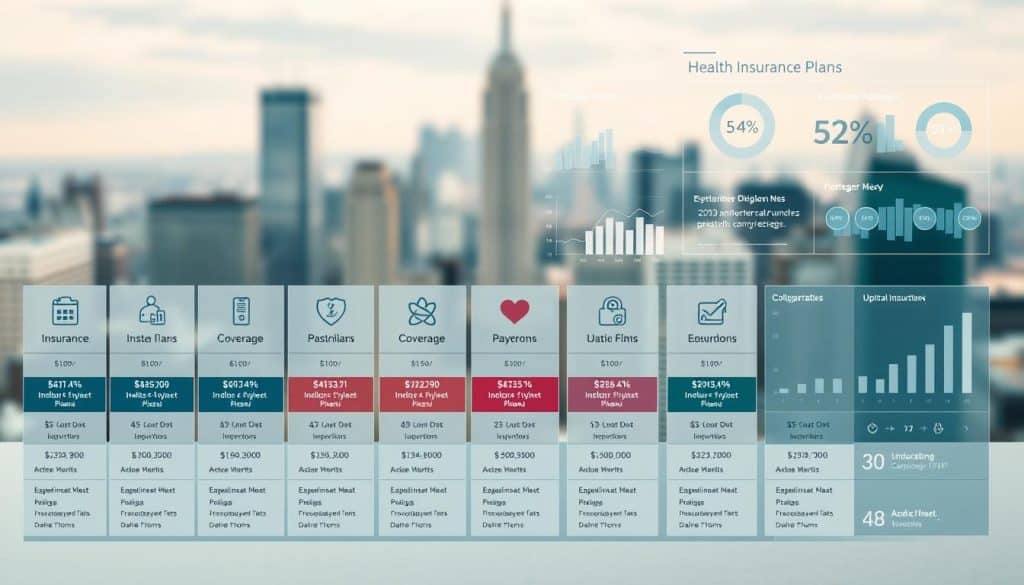 A detailed comparison of health insurance plans, showcased in a clean, informative visual. In the foreground, a neatly organized grid of insurance plan icons, each with clear indicators of coverage, pricing, and customer ratings. The middle ground features elegant data visualizations, such as interactive charts and graphs, highlighting key metrics and trends. The background depicts a subtly blurred cityscape, conveying a sense of urban sophistication. The lighting is soft and diffused, creating a professional, authoritative atmosphere. The overall composition is balanced, with a focus on clarity and usability, guiding the viewer through the comparative analysis of health insurance options.