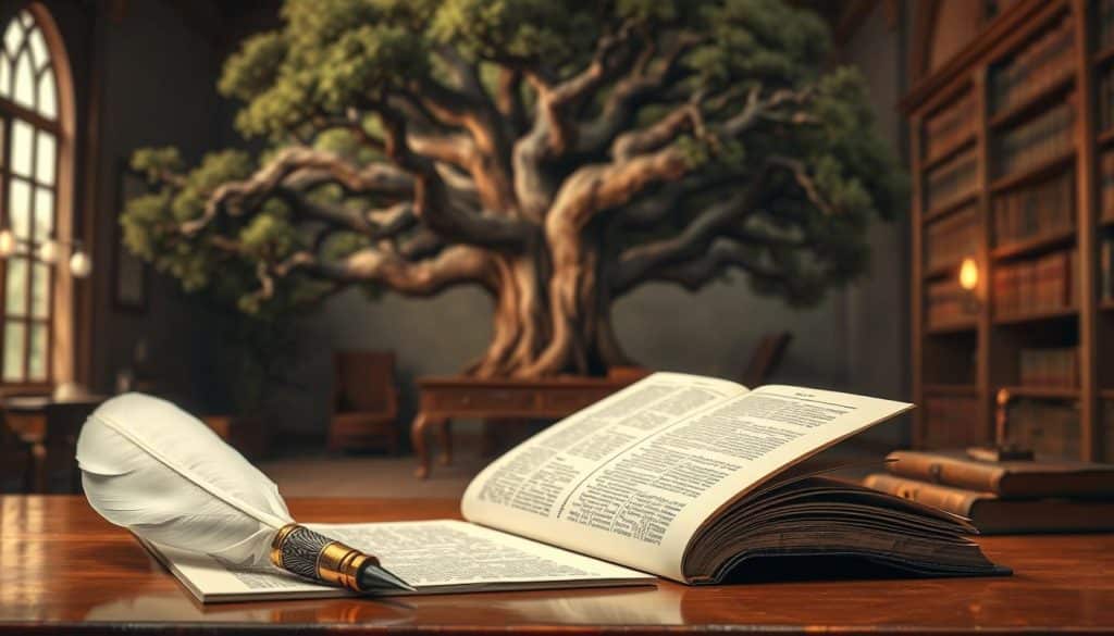A detailed conceptual illustration depicting the legal and symbolic concepts of "Testamento y Herencia". In the foreground, a classic quill pen and open antique book represent the formal legal process of drafting a last will and testament. In the middle ground, a majestic oak tree with sprawling branches symbolizes the passage of an estate and assets to heirs. In the background, a dimly lit study with aged wooden furniture and shelves of law books conveys the solemn, dignified atmosphere of the subject matter. Warm, amber lighting and a shallow depth of field focus the viewer's attention on the central elements. Rendered in a realistic, detailed photographic style. A detailed conceptual illustration depicting the legal and symbolic concepts of "Testamento y Herencia". In the foreground, a classic quill pen and open antique book represent the formal legal process of drafting a last will and testament. In the middle ground, a majestic oak tree with sprawling branches symbolizes the passage of an estate and assets to heirs. In the background, a dimly lit study with aged wooden furniture and shelves of law books conveys the solemn, dignified atmosphere of the subject matter. Warm, amber lighting and a shallow depth of field focus the viewer's attention on the central elements. Rendered in a realistic, detailed photographic style.