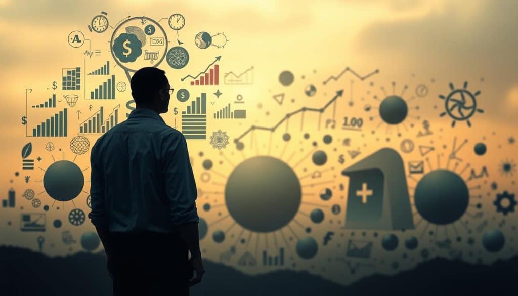 A detailed conceptual illustration of cognitive biases affecting personal finance. In the foreground, a human figure stands contemplating a series of abstract financial symbols and data visualizations, representing the various psychological biases that can influence economic decision-making. The middle ground features an array of dynamic, geometric shapes and patterns, symbolizing the complex interplay of cognitive processes. The background is bathed in a warm, contemplative light, creating a pensive, introspective atmosphere. The overall composition conveys the idea of the individual grappling with the nuanced psychological factors that shape their financial behaviors and outcomes. A detailed conceptual illustration of cognitive biases affecting personal finance. In the foreground, a human figure stands contemplating a series of abstract financial symbols and data visualizations, representing the various psychological biases that can influence economic decision-making. The middle ground features an array of dynamic, geometric shapes and patterns, symbolizing the complex interplay of cognitive processes. The background is bathed in a warm, contemplative light, creating a pensive, introspective atmosphere. The overall composition conveys the idea of the individual grappling with the nuanced psychological factors that shape their financial behaviors and outcomes.