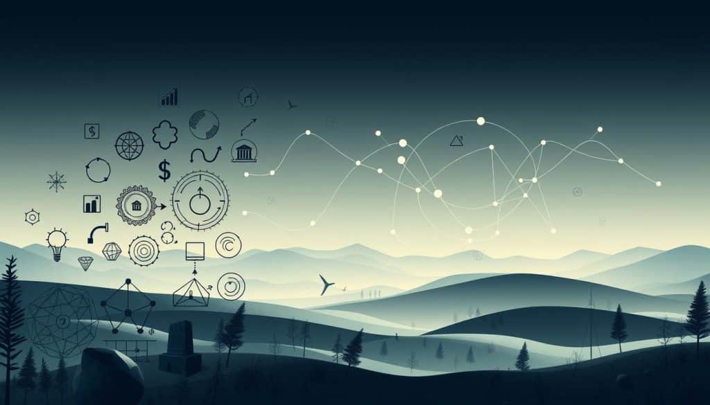 A detailed conceptual illustration of the fundamental principles of economics. In the foreground, a collection of abstract geometric shapes and symbols representing key economic concepts like supply, demand, markets, and resources. In the middle ground, a minimalist visualization of economic systems and interactions, with flowing lines and interconnected nodes. In the background, a serene, minimalist landscape with muted tones, suggesting the broader context and application of economic theories. The lighting is soft and diffused, creating a contemplative, intellectual atmosphere. The overall composition conveys the depth and complexity of the subject matter in a visually striking and informative manner. A detailed conceptual illustration of the fundamental principles of economics. In the foreground, a collection of abstract geometric shapes and symbols representing key economic concepts like supply, demand, markets, and resources. In the middle ground, a minimalist visualization of economic systems and interactions, with flowing lines and interconnected nodes. In the background, a serene, minimalist landscape with muted tones, suggesting the broader context and application of economic theories. The lighting is soft and diffused, creating a contemplative, intellectual atmosphere. The overall composition conveys the depth and complexity of the subject matter in a visually striking and informative manner.