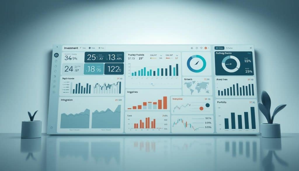 A detailed data visualization showcasing investment metrics, rendered in a sleek, modern style. The foreground features a clean, minimalist dashboard with a variety of charts, graphs, and infographics, displaying key financial indicators like ROI, growth rates, and portfolio diversification. The middle ground contains contextual elements like stock tickers, currency symbols, and abstract shapes to reinforce the investment theme. The background is a soft, gradient-based color scheme, creating a sense of depth and sophistication. Lighting is subtle and directional, highlighting the data visualizations without overpowering the overall composition. The angle is slightly elevated, giving the viewer a comprehensive, bird's-eye perspective on the investment metrics.