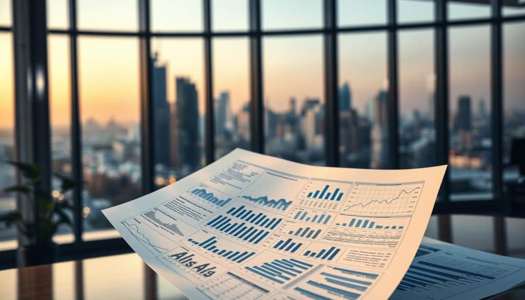 A detailed financial analysis document floats in the foreground, with financial graphs, charts, and figures filling the middle ground. The background depicts a serene office environment, with a large window overlooking a bustling city skyline. Soft, warm lighting casts a professional, analytical atmosphere, while the overall composition conveys a sense of thoughtful financial evaluation and decision-making. The image should effectively capture the essence of "evaluación financiera" within the context of personal finance for beginners.