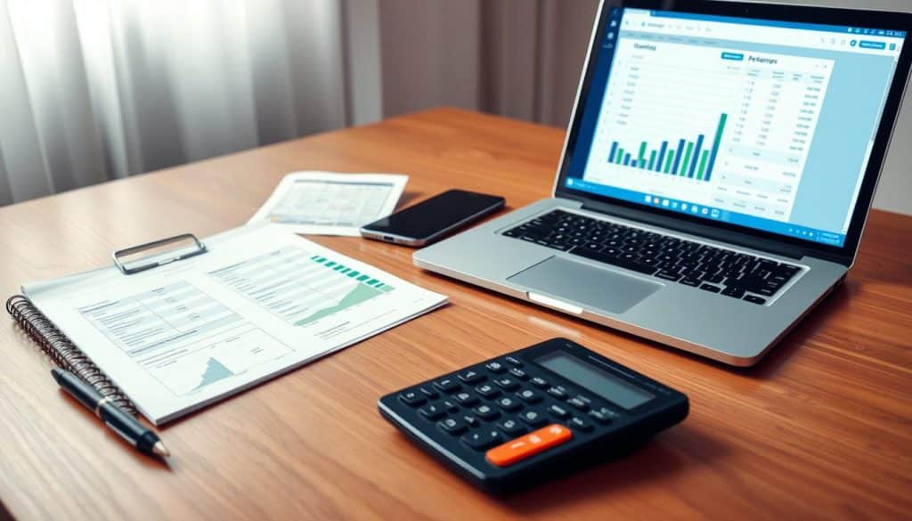A detailed financial analysis of income and expenses, displayed on a wooden table with a minimalist aesthetic. The foreground shows a neatly organized spreadsheet, calculator, and pen, conveying a sense of diligent financial planning. The middle ground features a laptop open to a budgeting software interface, showcasing real-time data visualization. The background incorporates soft, natural lighting, creating a calming and focused atmosphere suitable for carefully examining one's current financial situation. A detailed financial analysis of income and expenses, displayed on a wooden table with a minimalist aesthetic. The foreground shows a neatly organized spreadsheet, calculator, and pen, conveying a sense of diligent financial planning. The middle ground features a laptop open to a budgeting software interface, showcasing real-time data visualization. The background incorporates soft, natural lighting, creating a calming and focused atmosphere suitable for carefully examining one's current financial situation.