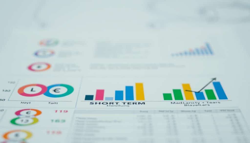 A detailed financial plan depicting various economic goals represented by vibrant, colorful icons and symbols. The foreground features a well-organized arrangement of circular, bar, and line graph icons symbolizing short-term, medium-term, and long-term financial targets. The middle ground showcases a clean, minimalist layout with a neutral color palette, allowing the icons to take center stage. The background subtly suggests a sense of financial stability, with gently blurred geometric patterns and soft lighting creating a professional, aspirational atmosphere. The overall composition conveys a cohesive, visually engaging representation of a comprehensive financial planning process. A detailed financial plan depicting various economic goals represented by vibrant, colorful icons and symbols. The foreground features a well-organized arrangement of circular, bar, and line graph icons symbolizing short-term, medium-term, and long-term financial targets. The middle ground showcases a clean, minimalist layout with a neutral color palette, allowing the icons to take center stage. The background subtly suggests a sense of financial stability, with gently blurred geometric patterns and soft lighting creating a professional, aspirational atmosphere. The overall composition conveys a cohesive, visually engaging representation of a comprehensive financial planning process.