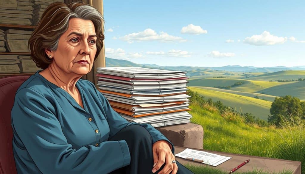 A detailed illustration depicting the core concepts of retirement pension and widow's pension. In the foreground, a middle-aged woman sits contemplatively, her expression conveying the weight of her circumstances. In the middle ground, a stack of official documents and financial ledgers represent the bureaucratic processes involved. In the background, a serene landscape with rolling hills and a distant horizon symbolizes the tranquility and security that a stable retirement can provide. The scene is illuminated by soft, natural lighting, creating a pensive and thoughtful atmosphere. The overall composition aims to visually encapsulate the complexities and significance of these two critical social safety net programs. A detailed illustration depicting the core concepts of retirement pension and widow's pension. In the foreground, a middle-aged woman sits contemplatively, her expression conveying the weight of her circumstances. In the middle ground, a stack of official documents and financial ledgers represent the bureaucratic processes involved. In the background, a serene landscape with rolling hills and a distant horizon symbolizes the tranquility and security that a stable retirement can provide. The scene is illuminated by soft, natural lighting, creating a pensive and thoughtful atmosphere. The overall composition aims to visually encapsulate the complexities and significance of these two critical social safety net programs.