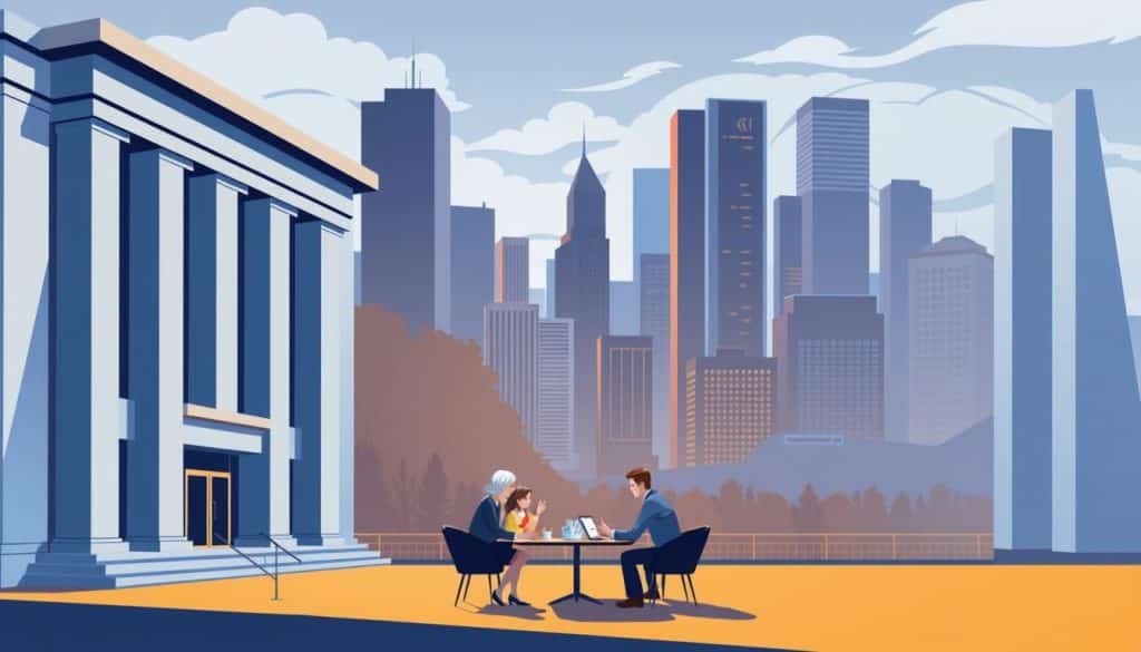 A detailed illustration depicting the fiscal aspects of estate planning, showcasing a striking architectural scene with a modern, minimalist aesthetic. In the foreground, a grand government building in shades of gray and blue, with clean lines and angular facades, representing the municipal tax authorities. In the middle ground, a family gathered around a table, engaged in a serious discussion, symbolizing the estate planning process. The background features a cityscape with towering skyscrapers, suggesting the complex financial landscape. The scene is bathed in warm, directional lighting, casting dramatic shadows and creating a sense of gravity and importance. The overall mood is one of seriousness, professionalism, and the weight of financial decisions. A detailed illustration depicting the fiscal aspects of estate planning, showcasing a striking architectural scene with a modern, minimalist aesthetic. In the foreground, a grand government building in shades of gray and blue, with clean lines and angular facades, representing the municipal tax authorities. In the middle ground, a family gathered around a table, engaged in a serious discussion, symbolizing the estate planning process. The background features a cityscape with towering skyscrapers, suggesting the complex financial landscape. The scene is bathed in warm, directional lighting, casting dramatic shadows and creating a sense of gravity and importance. The overall mood is one of seriousness, professionalism, and the weight of financial decisions.
