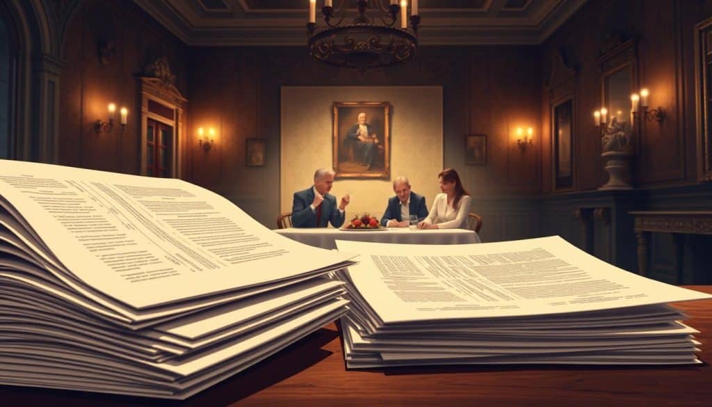 A detailed illustration depicting the legal process of inheritance without a will in Spain. In the foreground, a stack of official-looking documents and legal papers, representing the inheritance proceedings. In the middle ground, a family seated around a table, thoughtfully discussing the distribution of assets. The background features a dimly lit, ornate Spanish interior, conveying a sense of tradition and legacy. Soft, warm lighting illuminates the scene, creating an atmosphere of solemn reflection. The composition emphasizes the complexity and gravity of the situation, capturing the essence of "Quién Tiene Derecho a Heredar sin Testamento en España."