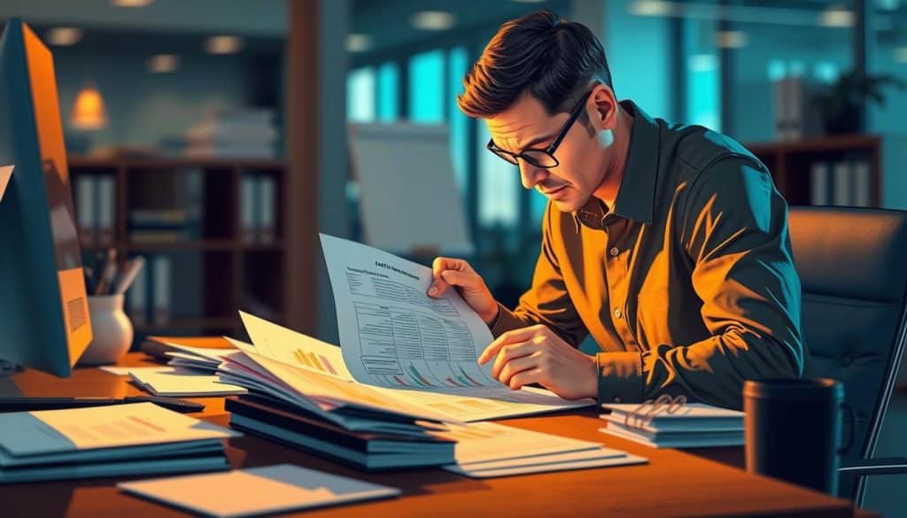 A detailed illustration of debt management, depicting a person carefully organizing financial documents and spreadsheets on a tidy desk, with a focused expression. The scene is illuminated by warm, directional lighting, creating a sense of organization and control. The background is slightly blurred, but suggests a modern, professional office environment, emphasizing the importance of effective debt management practices. The overall mood is one of confidence and competence in handling financial obligations.