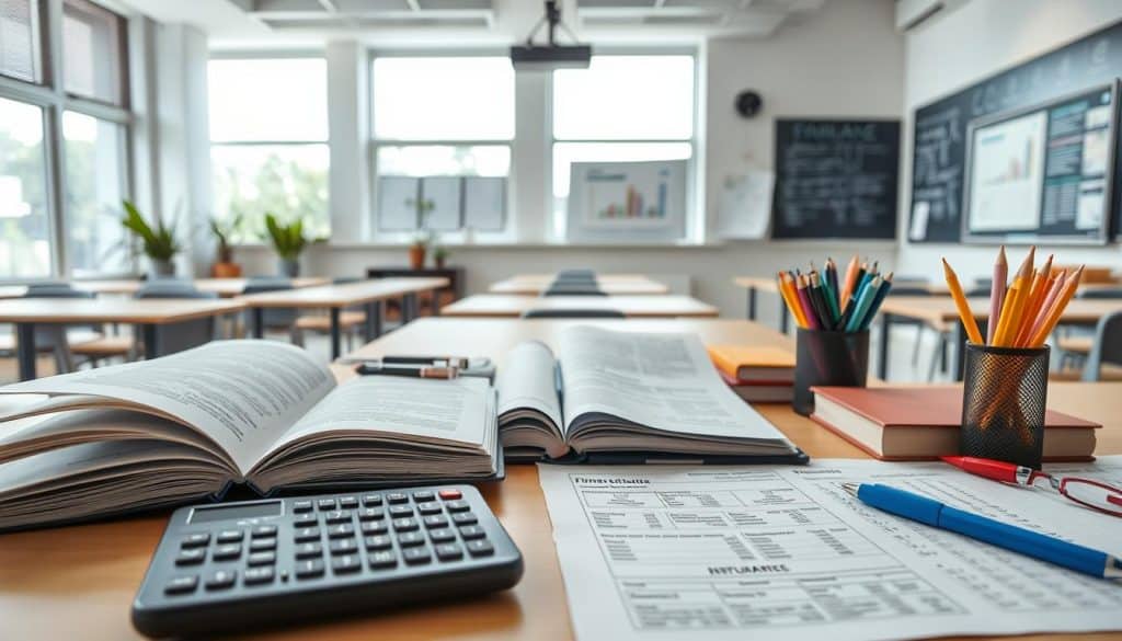 A detailed illustration of finance and administration course subjects, captured with a wide-angle lens in a well-lit academic setting. The foreground features open textbooks, calculator, and various stationery items arranged neatly. The middle ground showcases diverse course materials such as financial reports, balance sheets, and organization charts. The background depicts a modern classroom interior with minimalist decor, large windows allowing natural light, and a blackboard or whiteboard displaying relevant course titles. The overall atmosphere conveys a sense of focused study, diligence, and professionalism befitting the high-level finance and administration program.