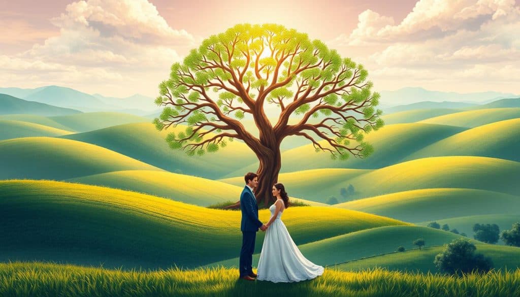 A detailed illustration of "herencias y régimen matrimonial" depicting a vibrant and harmonious scene. In the foreground, a married couple, dressed in formal attire, stands hand-in-hand, symbolizing the unity of their union. Behind them, a lush, verdant landscape with rolling hills and a serene sky evokes a sense of tranquility and abundance. In the middle ground, a majestic tree with branches reaching towards the heavens represents the passing down of family legacies and the intertwining of generations. Soft, warm lighting bathes the scene, creating a sense of timelessness and reverence. The overall composition conveys the interplay between the personal, familial, and legal aspects of "herencias y régimen matrimonial".