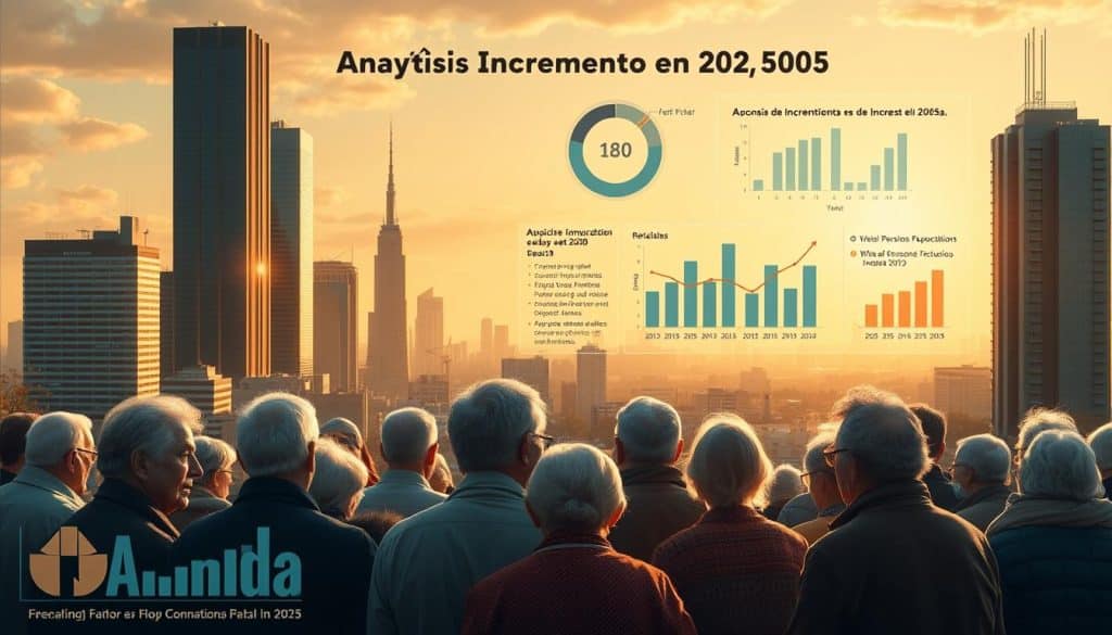 A detailed illustration of minimum pensions in 2025, capturing the essence of the "Análisis del Incremento en 2025" section. A wide, panoramic shot showcasing a cityscape with skyscrapers and modern architecture, bathed in warm, golden afternoon light. In the foreground, a group of elderly people gather, their faces etched with a mix of concern and cautious optimism as they discuss the potential pension increases. Subtle infographic elements, such as charts and graphs, are seamlessly integrated into the scene, providing visual context without distracting from the overall composition. The mood is one of contemplation and anticipation, reflecting the uncertainty and hopes surrounding the future of pension revalorization. A detailed illustration of minimum pensions in 2025, capturing the essence of the "Análisis del Incremento en 2025" section. A wide, panoramic shot showcasing a cityscape with skyscrapers and modern architecture, bathed in warm, golden afternoon light. In the foreground, a group of elderly people gather, their faces etched with a mix of concern and cautious optimism as they discuss the potential pension increases. Subtle infographic elements, such as charts and graphs, are seamlessly integrated into the scene, providing visual context without distracting from the overall composition. The mood is one of contemplation and anticipation, reflecting the uncertainty and hopes surrounding the future of pension revalorization.