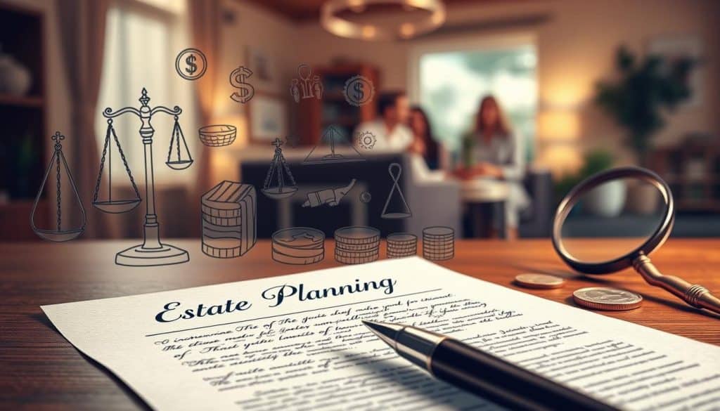 A detailed illustration of the estate planning process. In the foreground, a meticulously drawn legal document representing a will or testament, with elegant calligraphic text. In the middle ground, various financial and legal symbols like scales of justice, coins, and a magnifying glass, conveying the complex administrative aspects of inheritance liquidation. In the background, a softer, blurred scene of a family home or gathering, suggesting the personal and emotional context of the inheritance process. The composition is balanced, with a warm, subdued color palette and dramatic, directional lighting from the top left, creating depth and a sense of gravity. The overall mood is one of careful consideration, attention to detail, and the weighty responsibilities involved in estate planning and settlement.