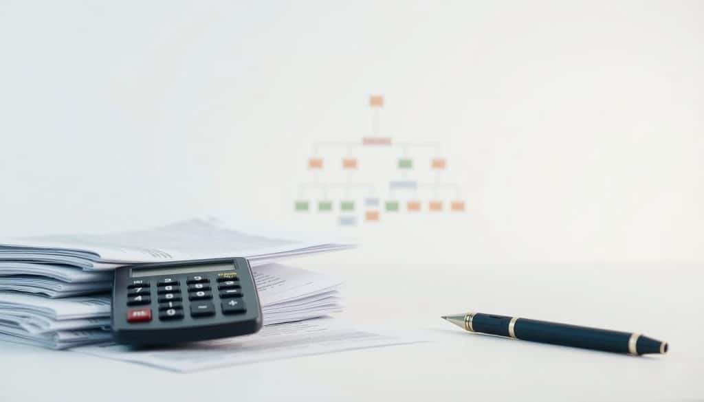 A detailed illustration of the factors affecting the calculation of the inheritance tax. A clean, professional-looking image set against a neutral, light background. In the foreground, a pile of financial documents, a calculator, and a pen, representing the administrative and analytical aspects of the tax calculation. In the middle ground, a family tree or inheritance diagram, symbolizing the key factors like family relationships and asset distribution. In the background, abstract shapes or icons representing concepts like tax rates, exemptions, and legal regulations. The lighting is soft and even, creating a sense of clarity and precision. The overall composition conveys a balanced and informative visual representation of the "Factores que Afectan el Cálculo del Impuesto" section.