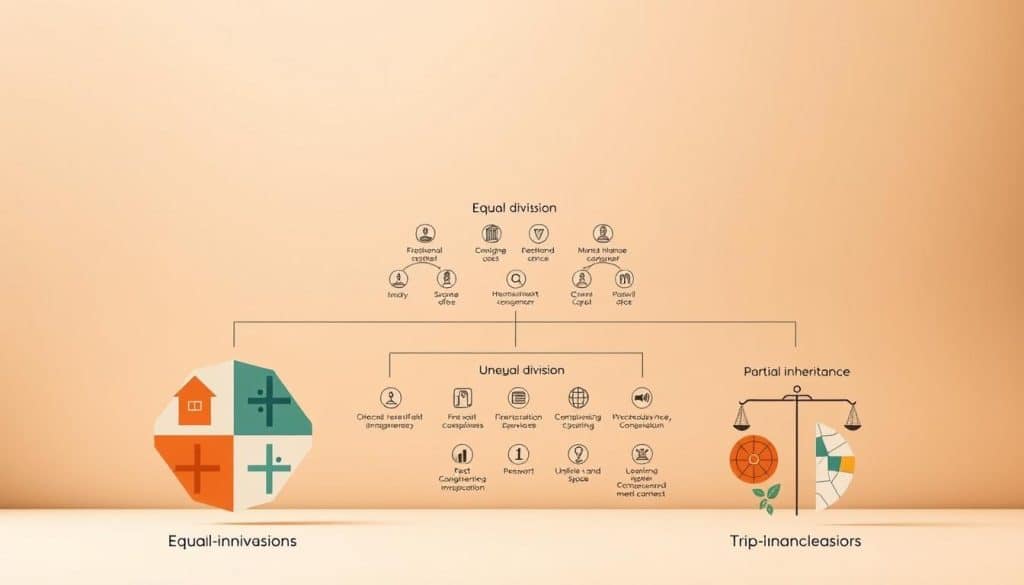 A detailed illustration of the various types and modalities of inheritance partition. Depicted in the foreground are three distinct inheritance partition scenarios - equal division, unequal division, and partial inheritance. These are represented by different geometric shapes, colors, and patterns to convey their unique characteristics. The middle ground showcases the legal and procedural aspects, with icons and subtle graphical elements. The background features a subtle, warm-toned gradient that establishes a contemplative, pensive atmosphere, suitable for the conceptual nature of the subject matter. The overall composition strikes a balance between informative clarity and artistic flair, creating an visually engaging image to complement the accompanying article.