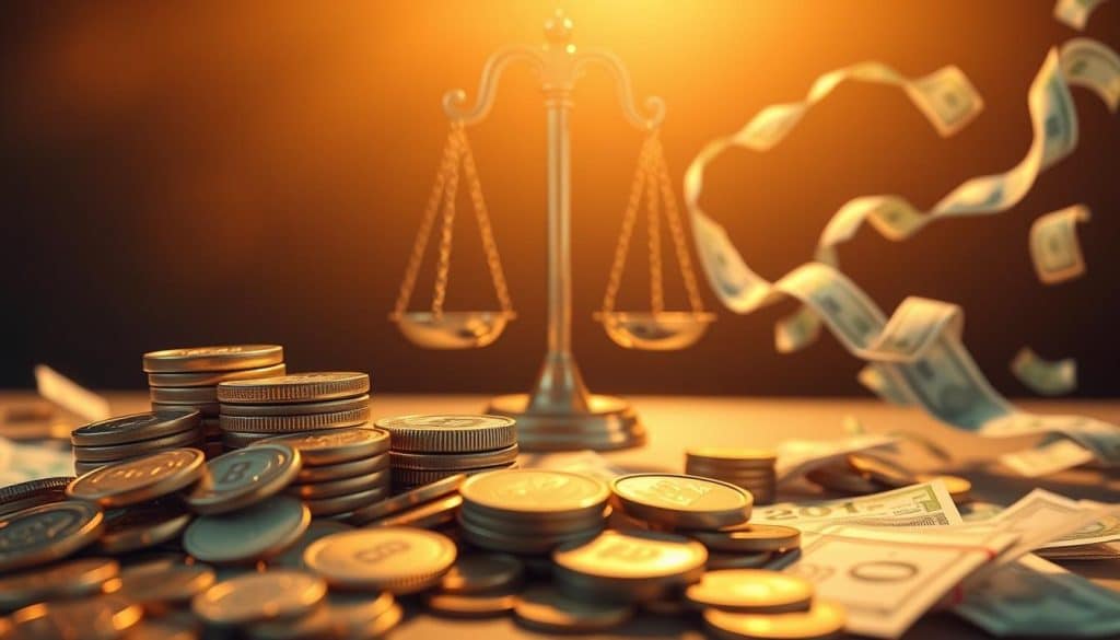 A detailed illustration showcasing the key characteristics of investments: profitability, risk, and liquidity. In the foreground, a group of coins and banknotes representing monetary returns. In the middle ground, a set of scales symbolizing the balance between risk and reward. In the background, a fluid stream of currency flowing, depicting the ease of converting investments into cash. The scene is bathed in a warm, golden light, creating an atmosphere of financial stability and prudent management. Rendered with a focus on realism and visual clarity to effectively convey the essential qualities of diverse investment options.