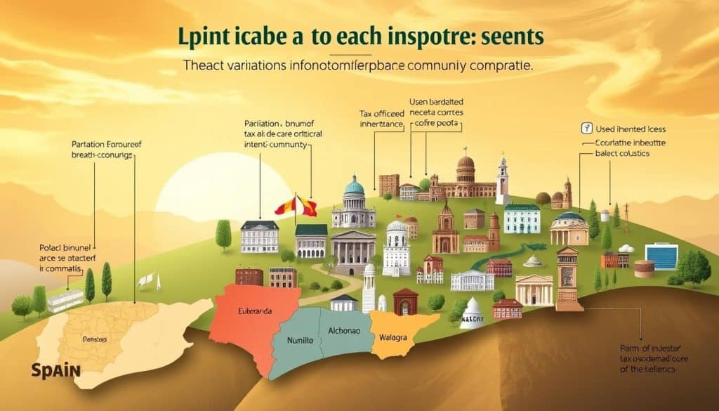 A detailed landscape depicting variations and bonuses in each autonomous community of Spain. The foreground shows a stylized map of the country, with each region represented by distinctive visual elements - patterns, textures, or symbolic icons. The middle ground showcases various government buildings, tax offices, and financial institutions, reflecting the administrative aspects of inheritance taxation. The background features a warm, sunlit sky with wispy clouds, creating a sense of harmony and balance. The overall scene conveys a informative, yet visually engaging illustration of the nuances in inheritance tax policies across Spain's autonomous regions.
