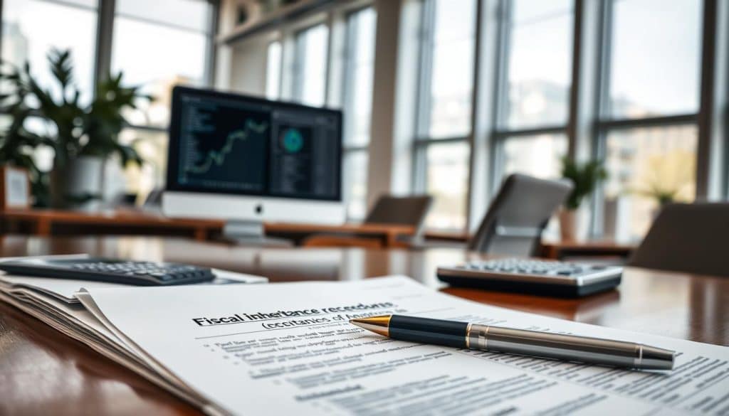 A detailed legal document depicting fiscal inheritance procedures, set against a backdrop of a modern, well-lit office interior. The foreground features a stack of official papers, a calculator, and a pen resting on a polished wooden desk. In the middle ground, a computer monitor displays relevant financial information, while the background showcases floor-to-ceiling windows, allowing natural light to flood the space. The overall atmosphere conveys a sense of professionalism, organization, and the gravity of the legal and financial considerations surrounding the acceptance of an inheritance.
