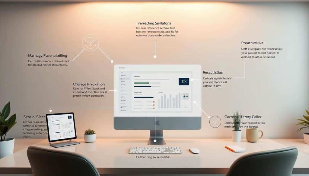 A detailed, step-by-step visual guide to using a retirement simulator. Sleek, modern design with clean layout and iconography. Warm lighting illuminates an elegant, minimalist workspace. Subtle textures and soft gradients create depth and dimension. Various UI elements like sliders, buttons, and data visualizations arrayed across the frame, hinting at the interactive nature of the tool. Overall, a polished, professional aesthetic that communicates the utility and user-friendliness of the retirement planning simulator. A detailed, step-by-step visual guide to using a retirement simulator. Sleek, modern design with clean layout and iconography. Warm lighting illuminates an elegant, minimalist workspace. Subtle textures and soft gradients create depth and dimension. Various UI elements like sliders, buttons, and data visualizations arrayed across the frame, hinting at the interactive nature of the tool. Overall, a polished, professional aesthetic that communicates the utility and user-friendliness of the retirement planning simulator.