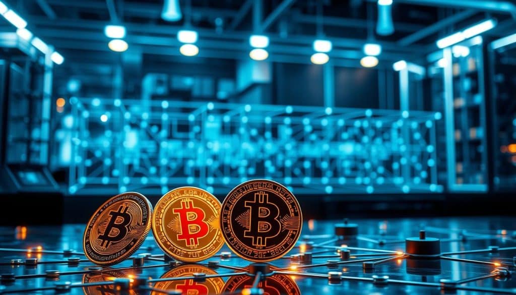 A detailed technical illustration of the fundamental elements of cryptocurrency and blockchain technology. In the foreground, a trio of glowing digital coins representing different cryptocurrencies, surrounded by a network of interconnected nodes and blocks. In the middle ground, a transparent wireframe model of a blockchain structure, with data flowing through its distributed ledger. In the background, a sleek, metallic render of blockchain-related hardware and infrastructure, bathed in cool, futuristic lighting. The overall atmosphere conveys a sense of innovation, complexity, and the cutting-edge nature of this transformative financial and technological advancement.